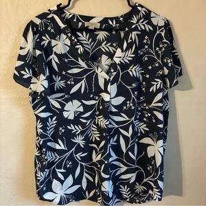 LOFT Dark Blue and White Leaf Print Blouse